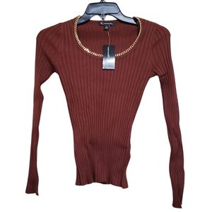 INC International Concepts Petite Sweater Gold Chain Ribbed P/P Deep Sienna NWT!